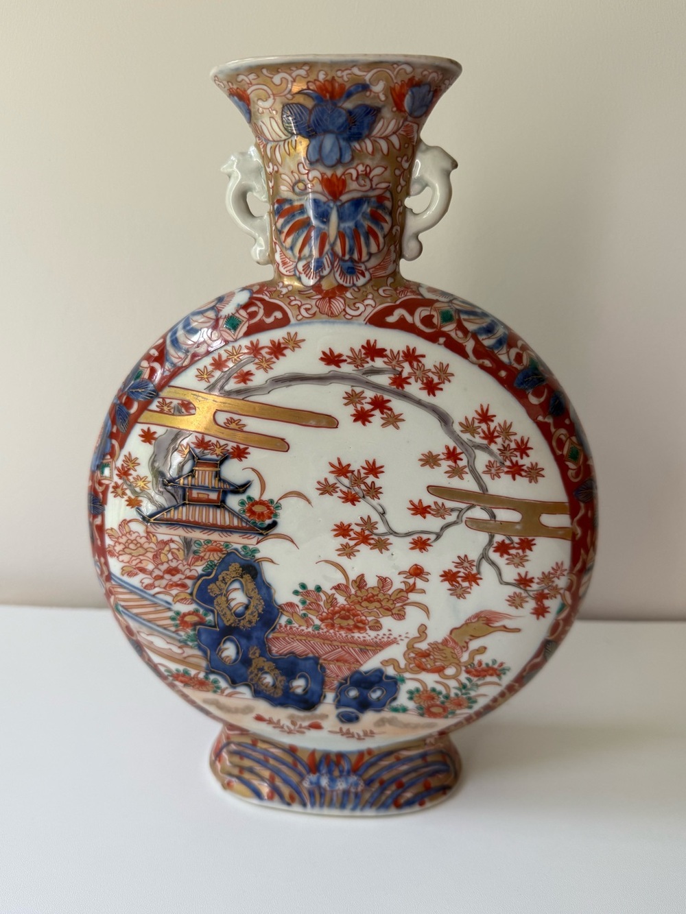 Hand-Painted Porcelain Decorative Moon Flask Vase in Red, Blue & Gold